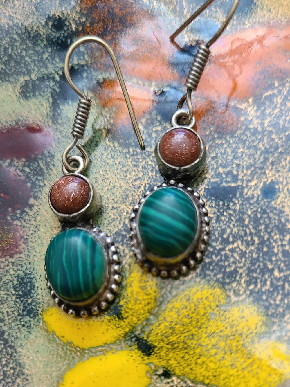 Malachite & Goldstone Silver Dangle  Earrings